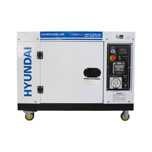 Front view of the Hyundai DHY8700SE-LRS showing the canopy door, control panel and 2-wire remote start socket