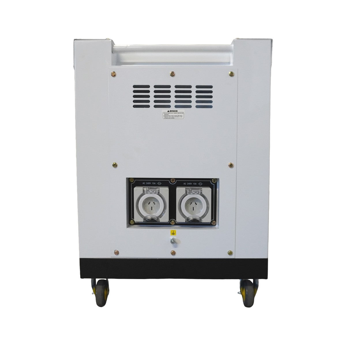 Rear view of the Hyundai DHY8700SE-LRS showing the twin 15 amp 240V outlets and cooling vents