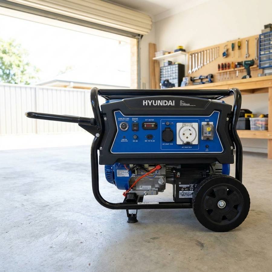 Hyundai HY10000LEK 10kVA generator on wheels in an Australian home garage workshop
