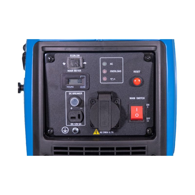 Close-up of Hyundai HY2000Si generator control panel with switches