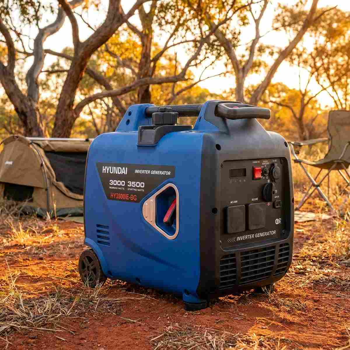 Hyundai HY3500i inverter generator at an Australian bush campsite at golden hour next to a swag and camp chair