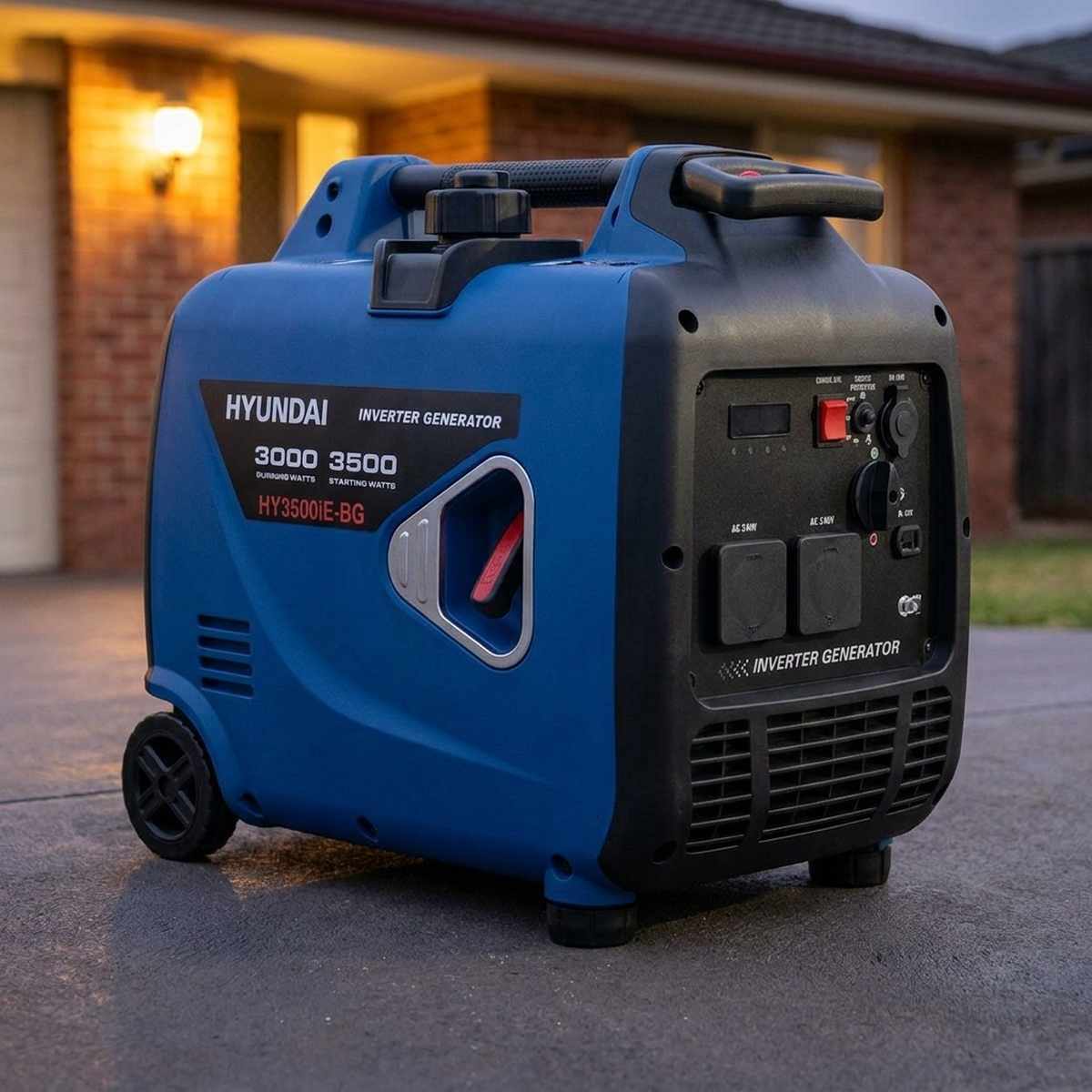 Hyundai HY3500i generator set up for home backup power in a driveway