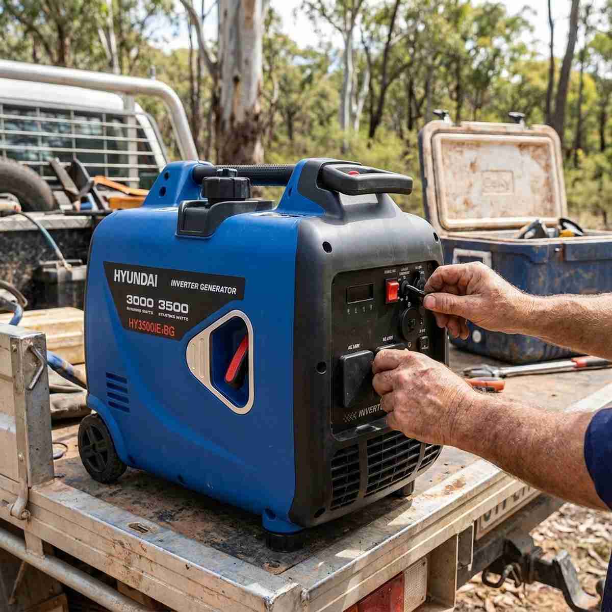 Hyundai HY3500i generator loaded in the tray of a ute