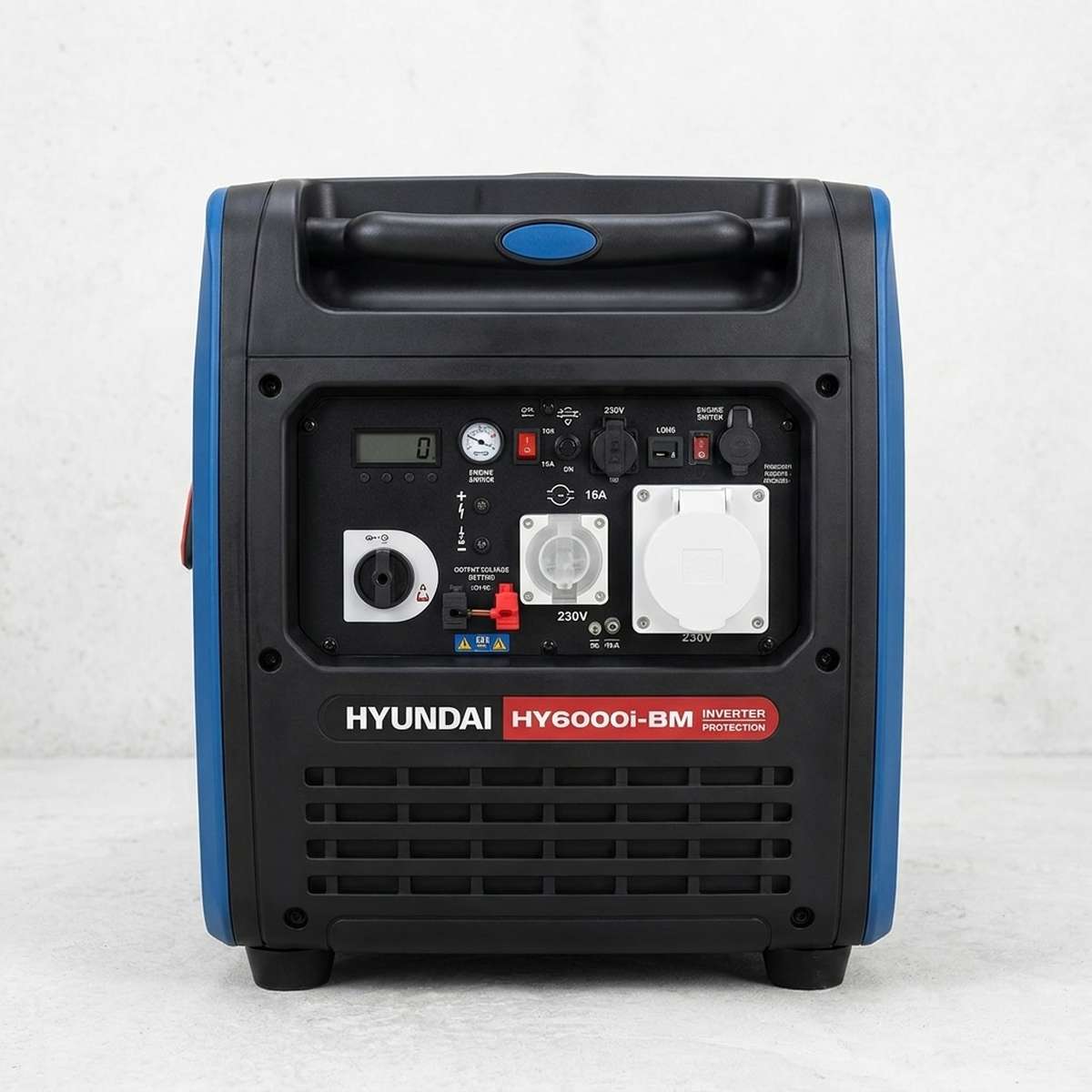 Close-up of the Hyundai HY6000i control panel showing the outlets, engine switch and display
