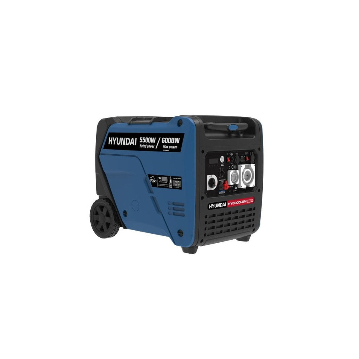 Front left angle of the Hyundai HY6000i inverter generator showing the fold-out handle and wheels