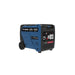 Front left angle of the Hyundai HY6000i inverter generator showing the fold-out handle and wheels