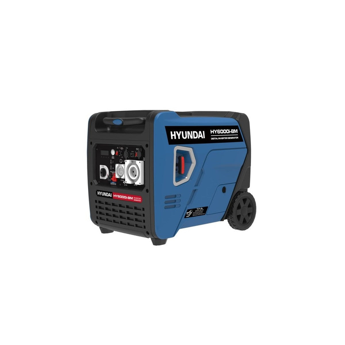 Front right angle of the Hyundai HY6000i inverter generator showing the control panel with power outlets
