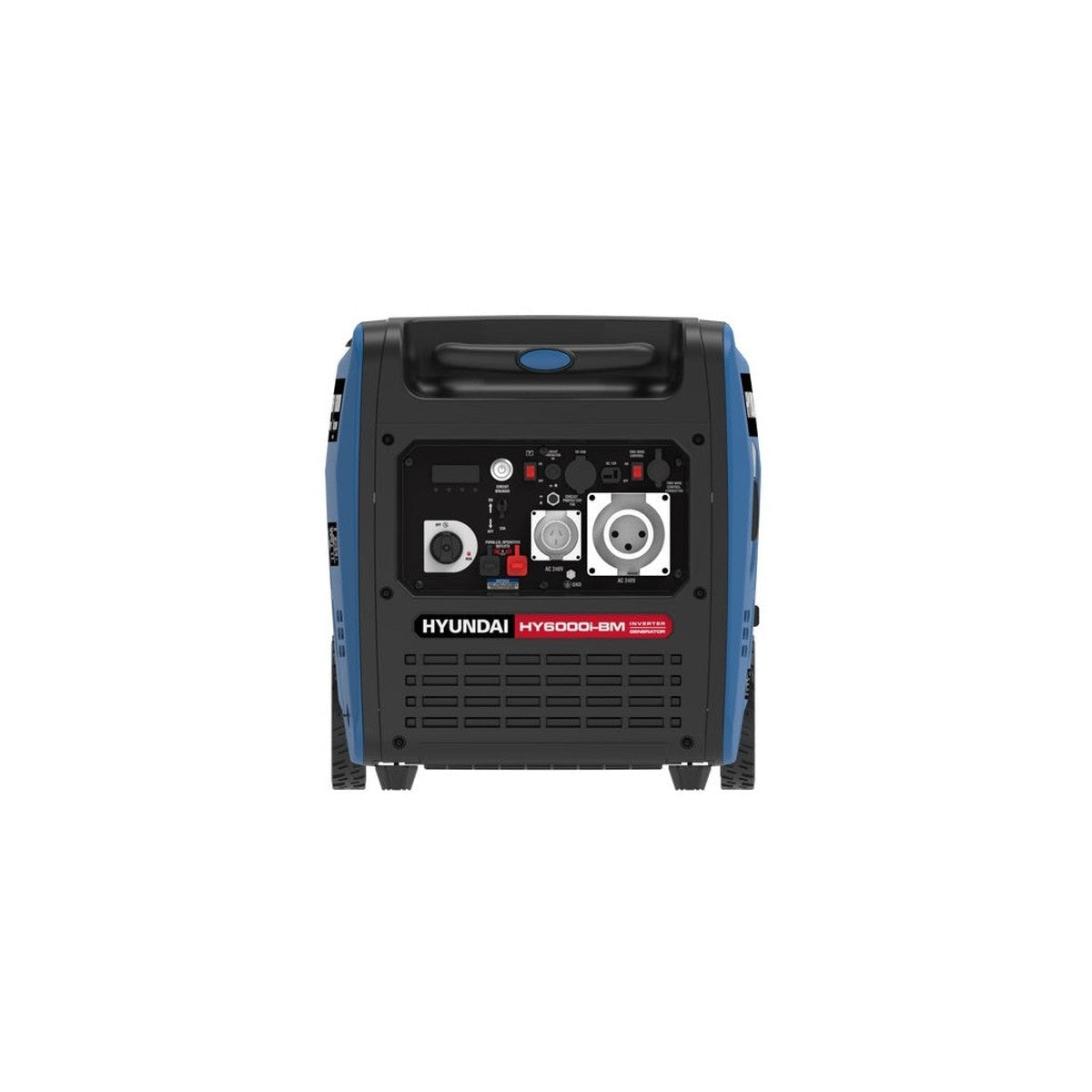 Rear view of the Hyundai HY6000i inverter generator showing the muffler and rear casing vents