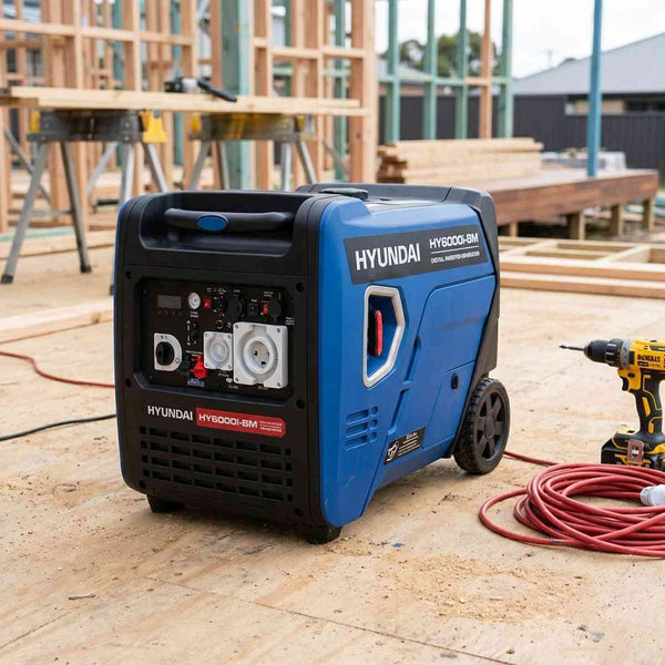 Hyundai HY6000i inverter generator on a tradie job site next to timber framing and a power drill
