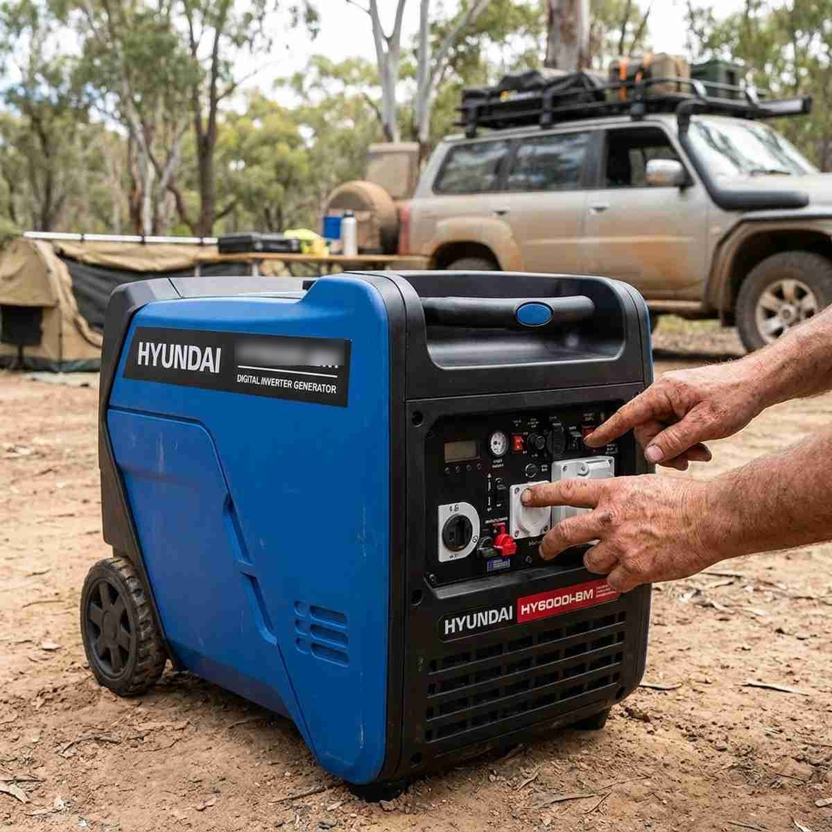 Hyundai HY6000i inverter generator at an Australian bush campsite with a 4WD and swag in the background