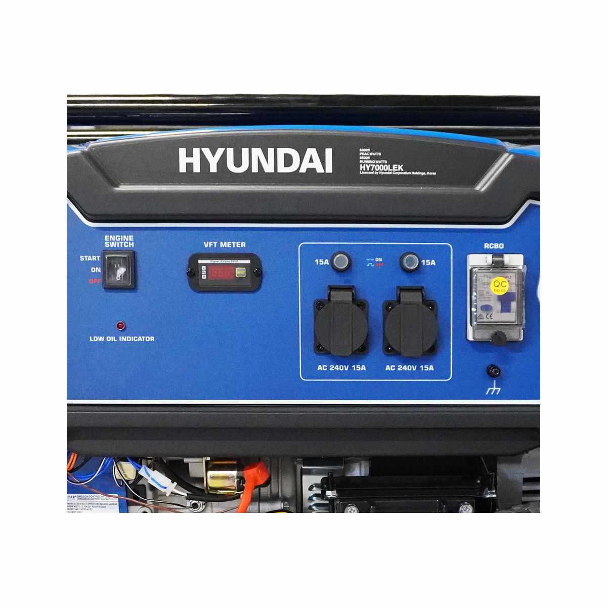 Close up of the Hyundai HY7000LEK control panel showing the HYUNDAI branding, engine switch, VFT meter and outlets