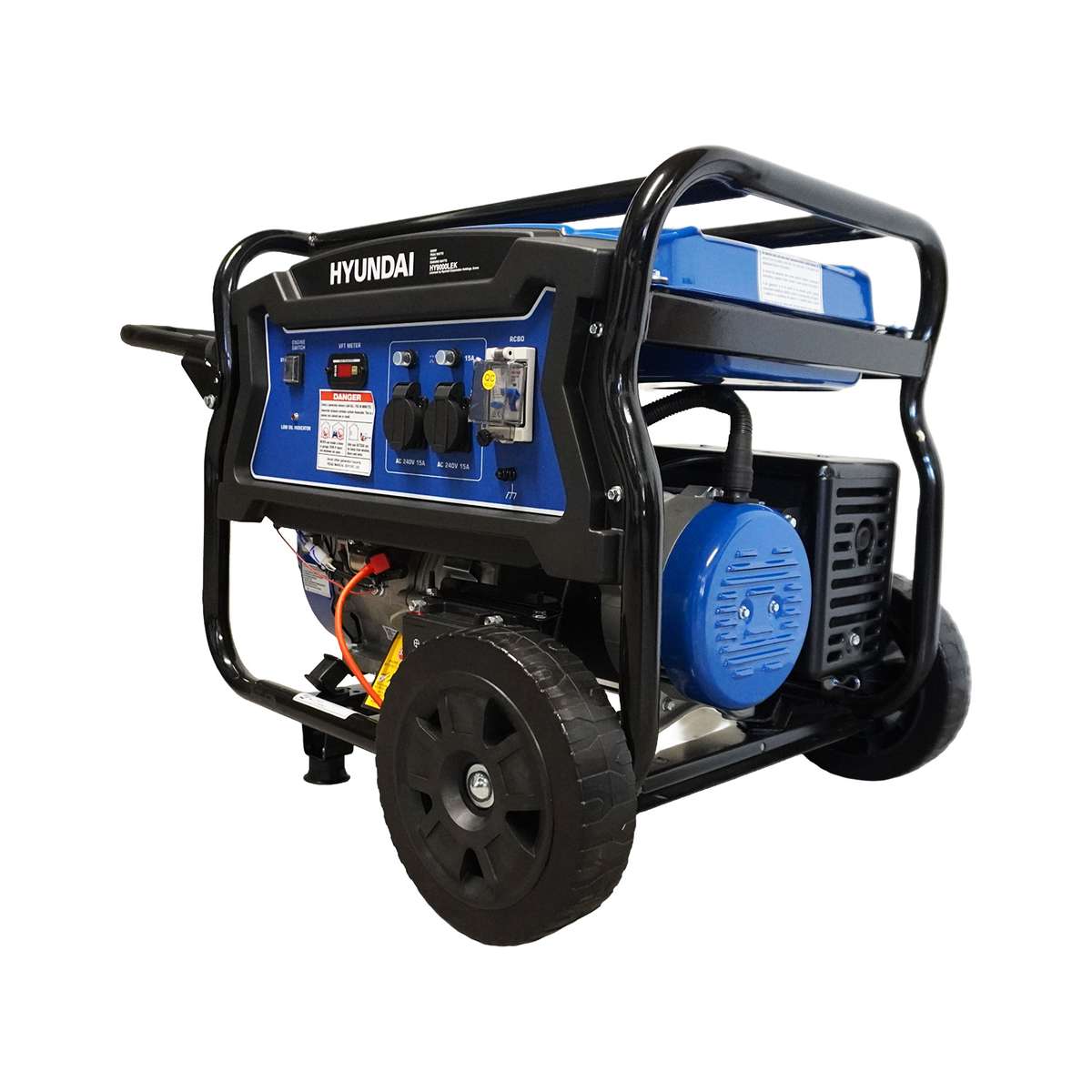 Right angle view of the Hyundai HY9000LEK generator showing the wheels, battery and engine