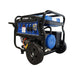 Right angle view of the Hyundai HY9000LEK generator showing the wheels, battery and engine