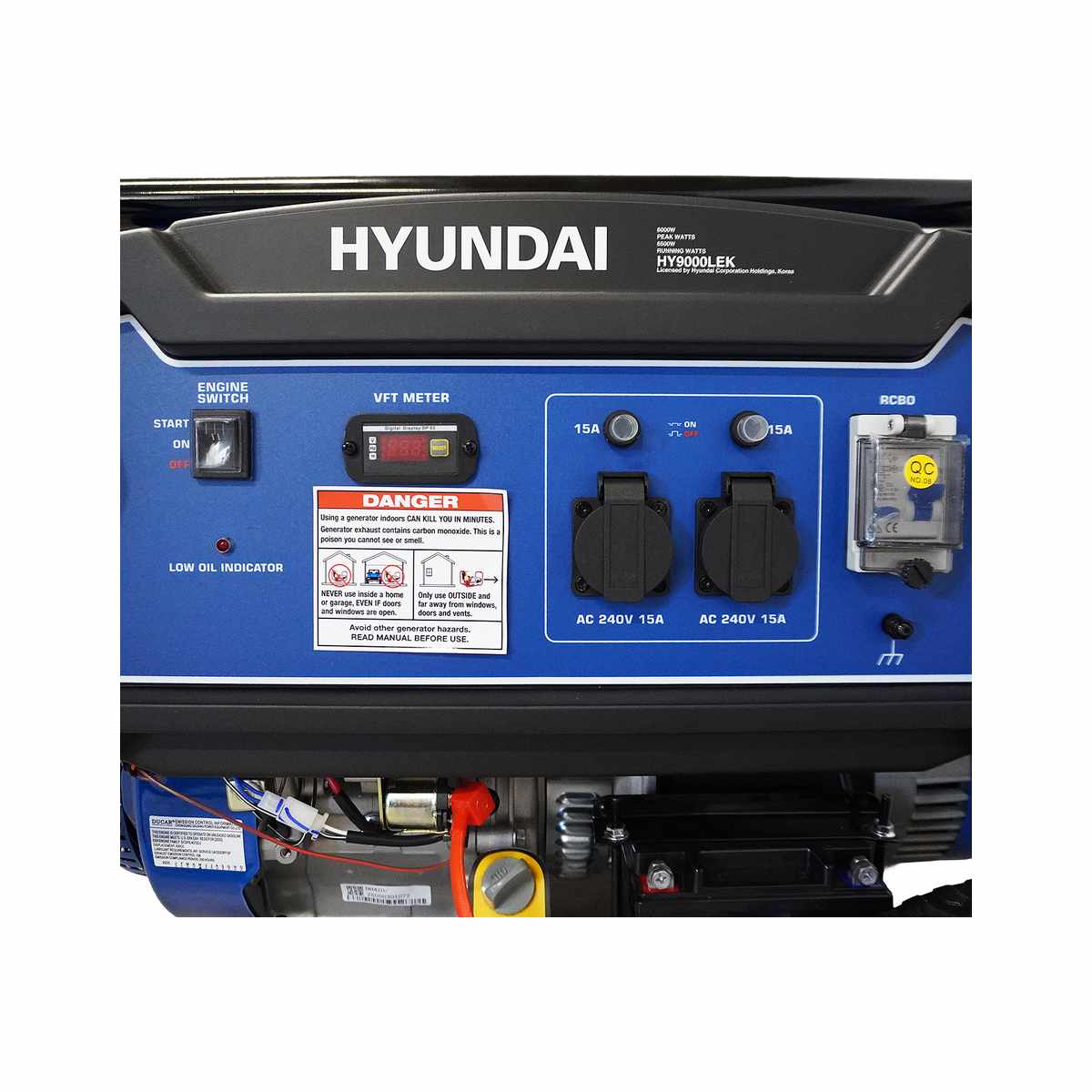 Close-up of the Hyundai HY9000LEK control panel showing the engine switch, VFT meter and RCBO safety switch