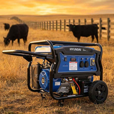Hyundai HY9000LEK open frame petrol generator on a rural property at golden hour, cattle grazing in the background