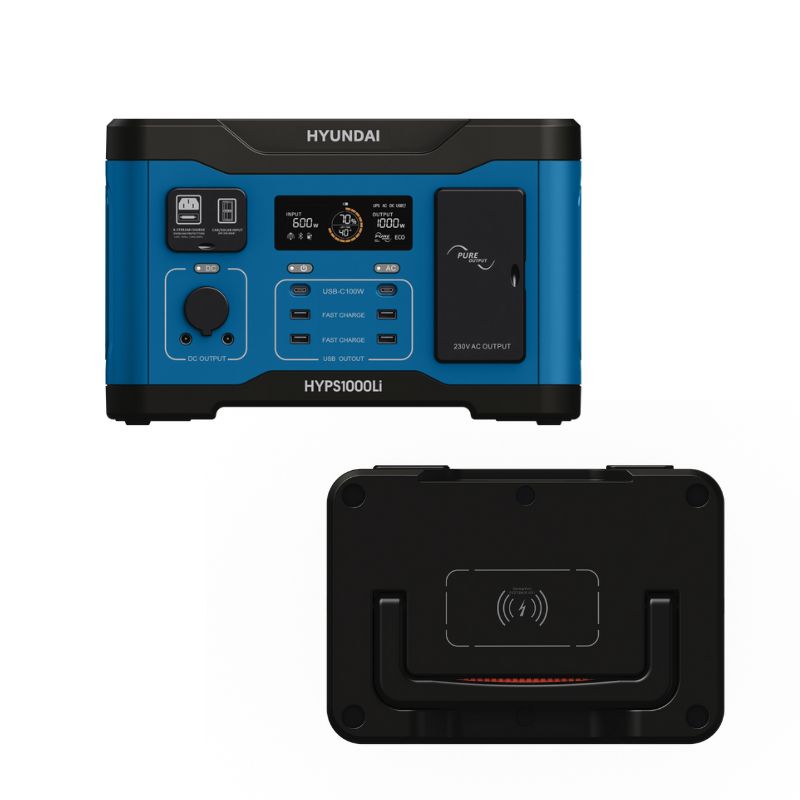 Hyundai HYPS1000Li power station showing front controls and top wireless charging pad