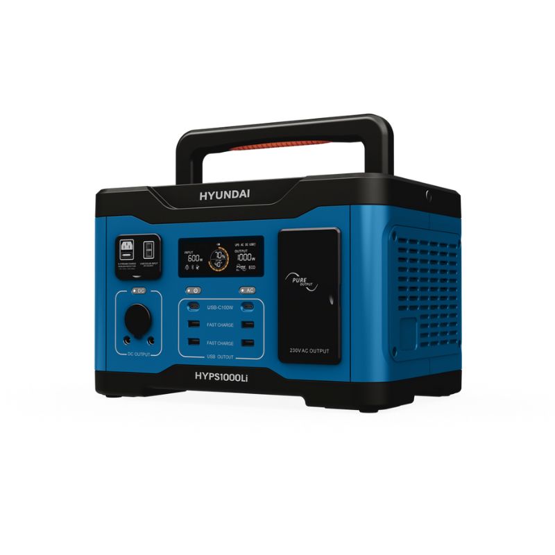 Hyundai HYPS1000Li power station front angle showing display and ports