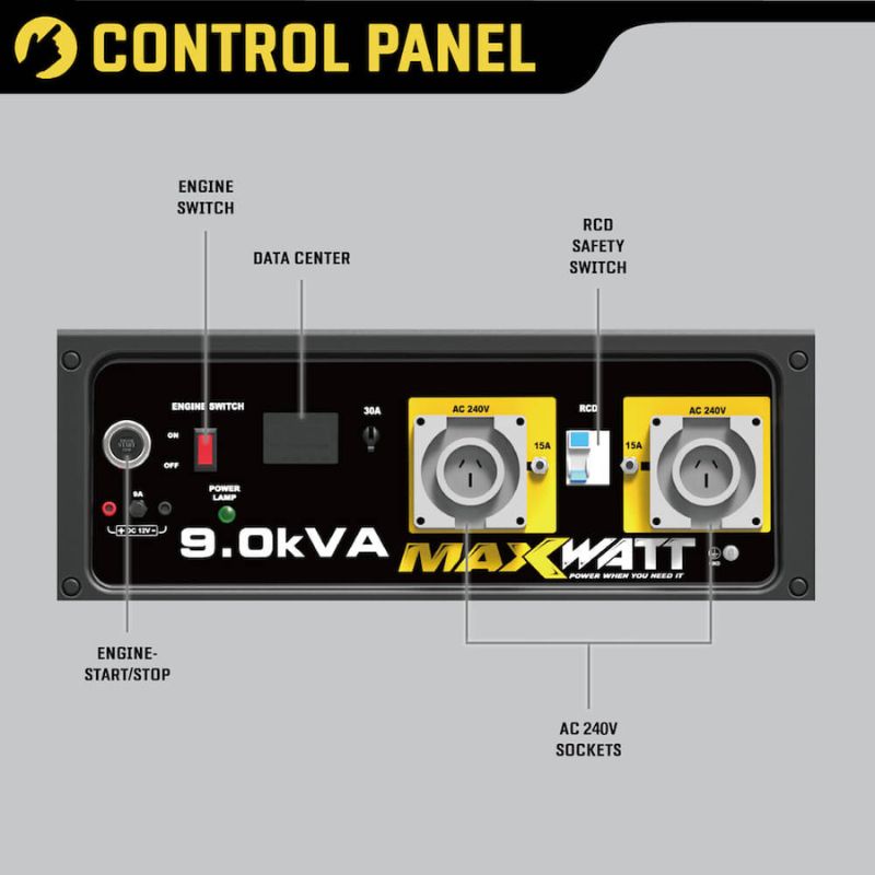 MaxWatt 9kVA generator close-up of controls