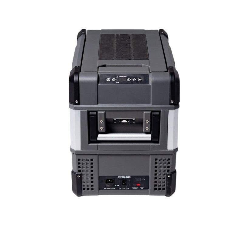 Front view of MyCOOLMAN 30L fridge highlighting digital control panel