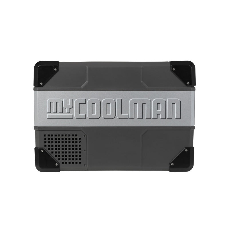 Side profile of MyCOOLMAN 30L fridge showing logo and vent