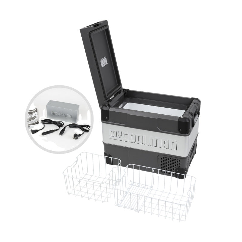 MyCOOLMAN 44L fridge freezer with included power cables and accessories