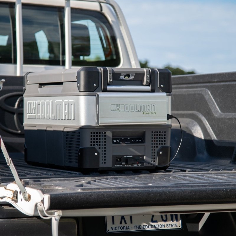 MyCOOLMAN 53L fridge freezer on ute tailgate with portable power