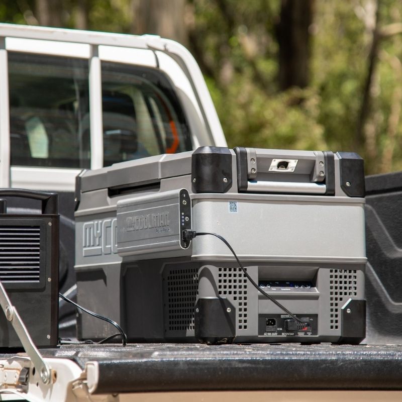 MyCOOLMAN 53L fridge set up in ute tray powering up for off-grid camping