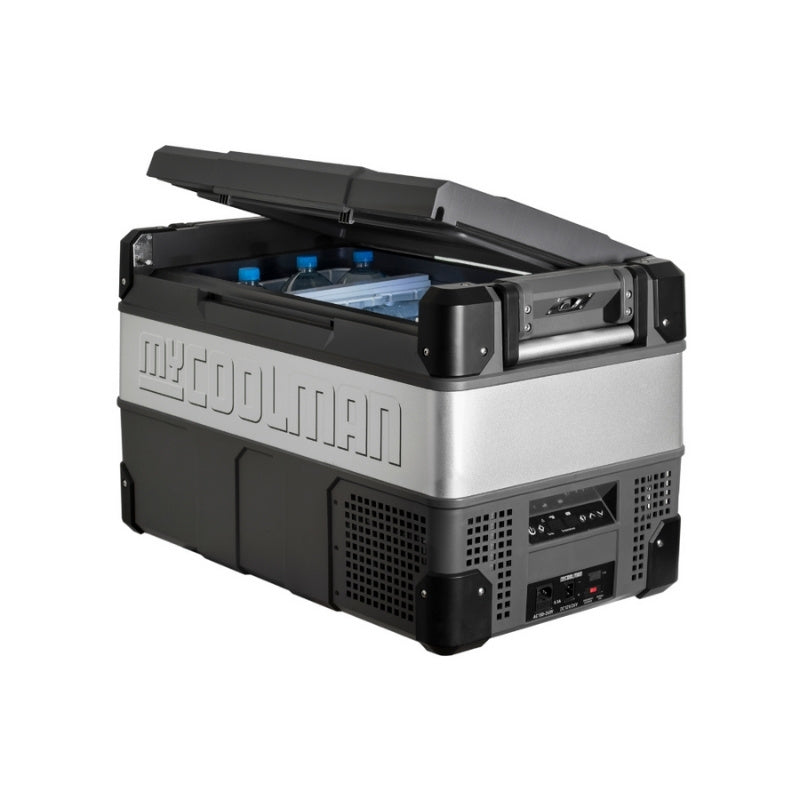 MyCOOLMAN 53L fridge showing water bottles under partially opened lid