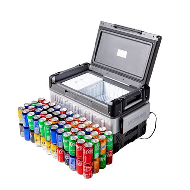 MyCOOLMAN 53L fridge displaying capacity filled with soft drink cans
