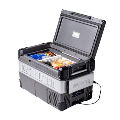 MyCOOLMAN 53L fridge loaded with everyday snacks, fruit, and groceries