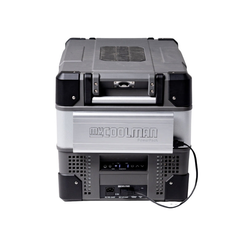 Rear view of MyCOOLMAN 53L fridge with PowerPack connected