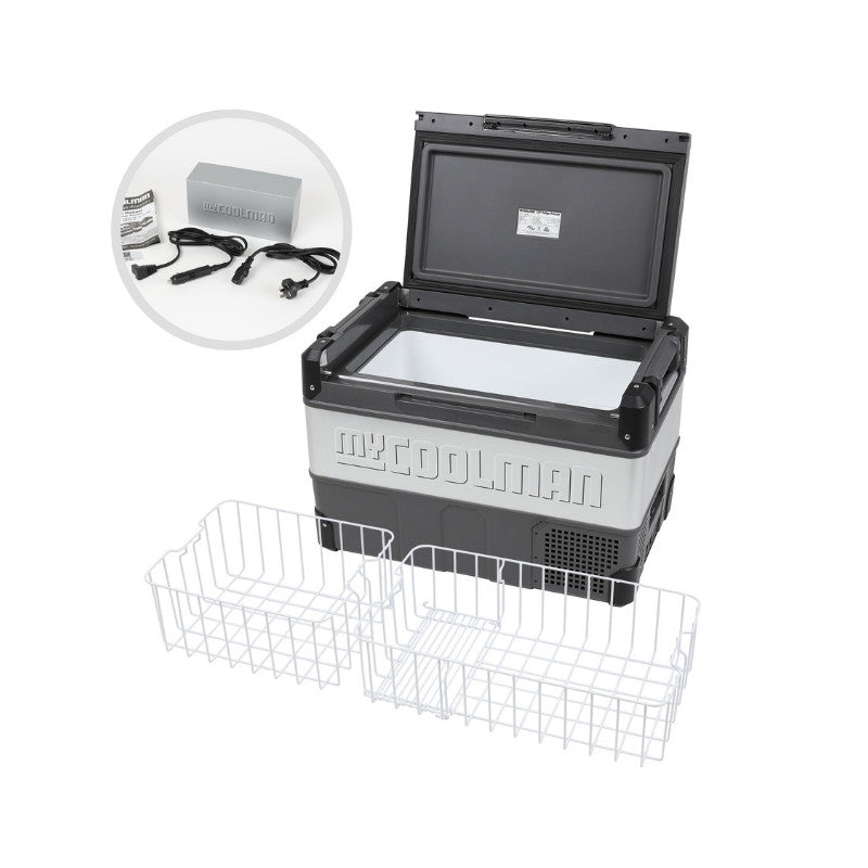 MyCOOLMAN 60L fridge open with baskets and power cords