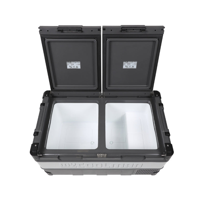Empty interior of MyCOOLMAN Portable Fridge Freezer 85L with lid open