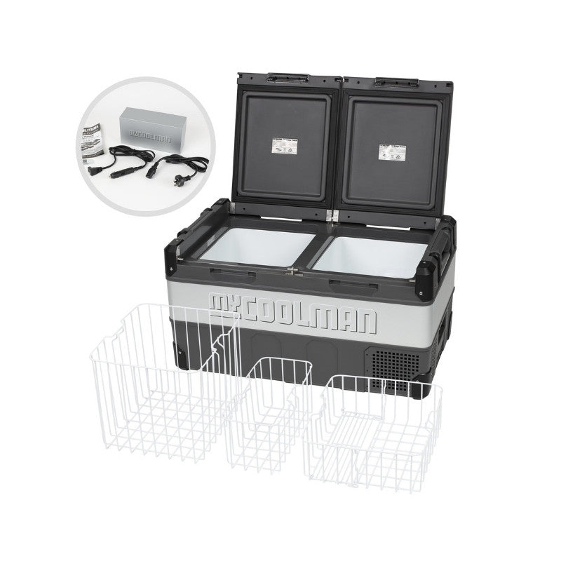 MyCOOLMAN 85L fridge freezer with cables and removable storage baskets