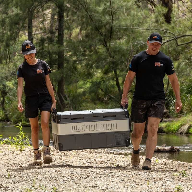 MyCOOLMAN Portable Fridge Freezer 85L Dual Zone carried by campers in the bush