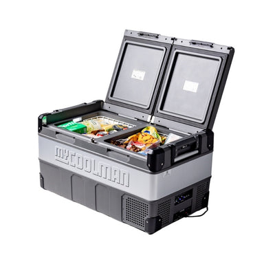 MyCOOLMAN Portable Fridge Freezer 85L Dual Zone packed with groceries