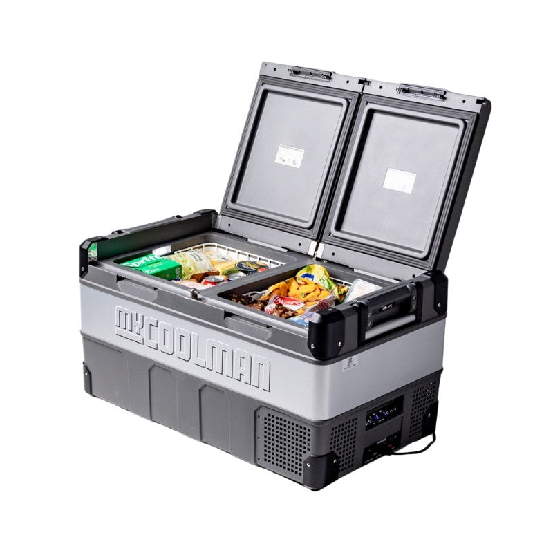 MyCOOLMAN Portable Fridge Freezer 85L Dual Zone packed with groceries
