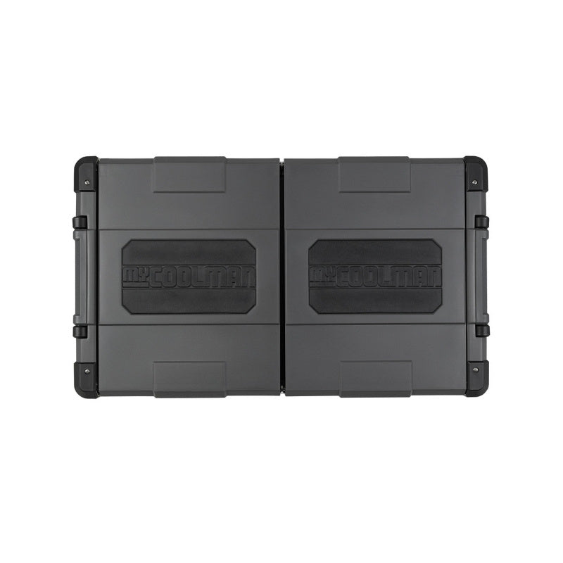 Top-down view of MyCOOLMAN 85L dual-lid fridge with embossed branding