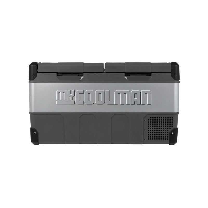 MyCOOLMAN 96L portable dual zone fridge closed with logo front