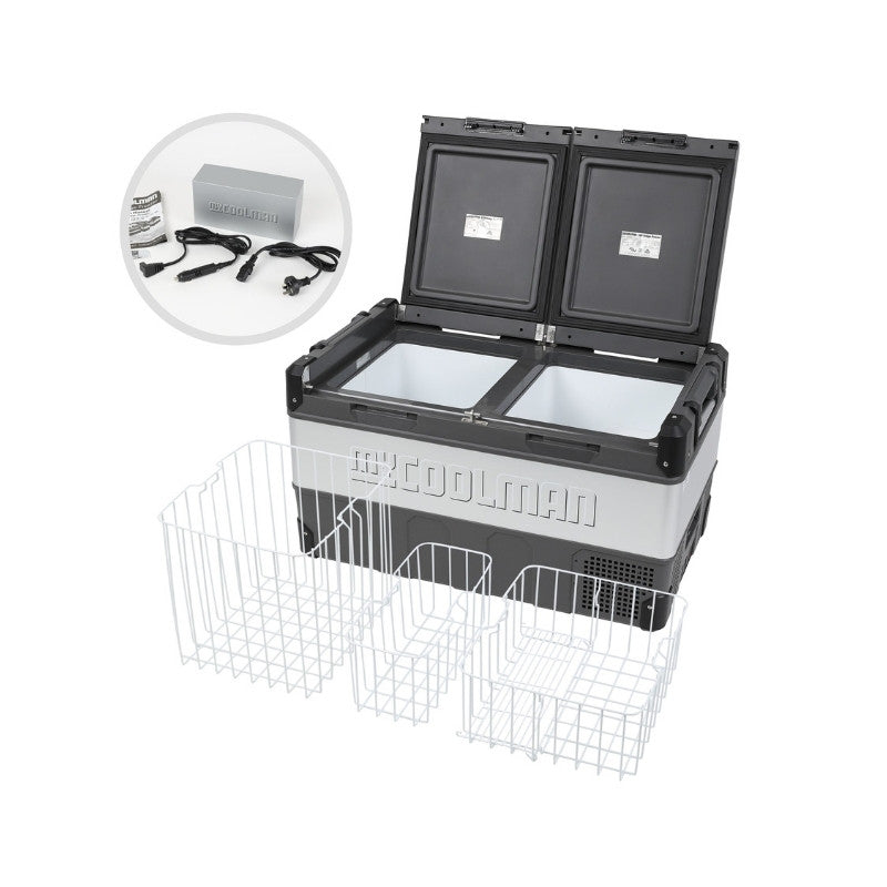 MyCOOLMAN 96L fridge showing internal baskets and power accessories
