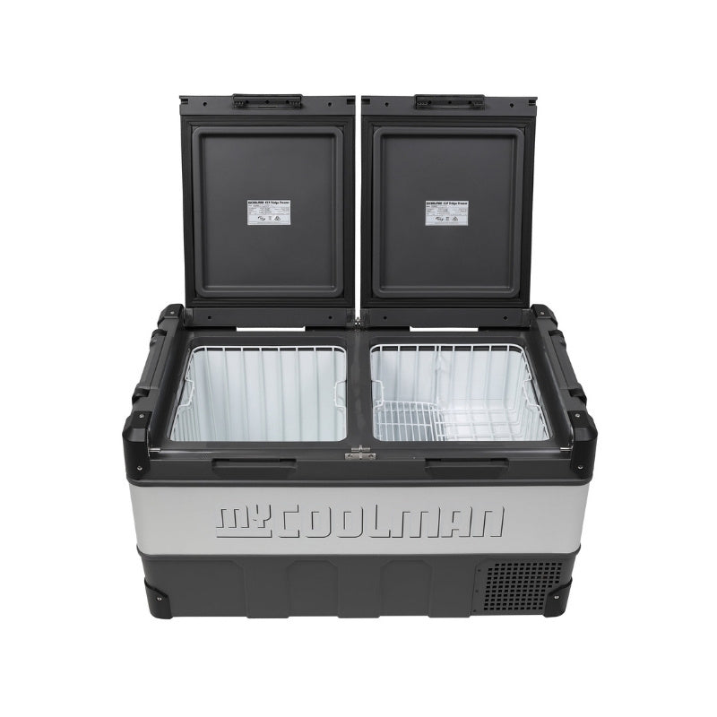 MyCOOLMAN 96L fridge freezer dual lids open with empty baskets