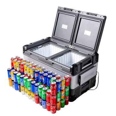 MyCOOLMAN 96L fridge displayed with assorted soft drink cans
