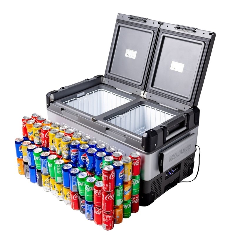 MyCOOLMAN 96L fridge displayed with assorted soft drink cans