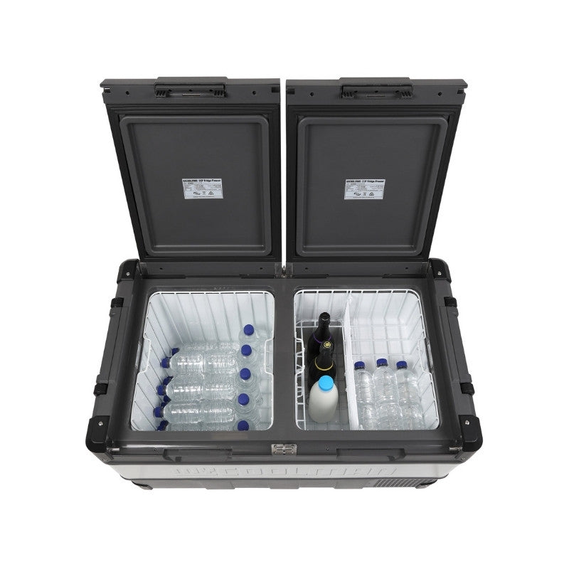 MyCOOLMAN 96L fridge loaded with water and milk in both zones