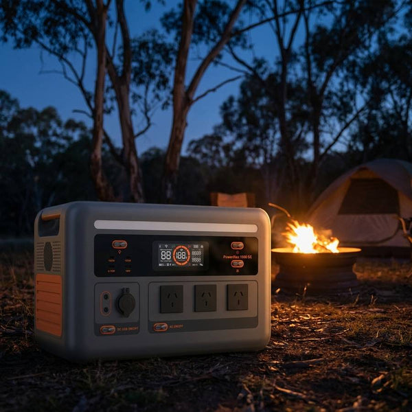 OSCAL PowerMax 1800SE Portable Power Station 1800W - campsite dusk lifestyle