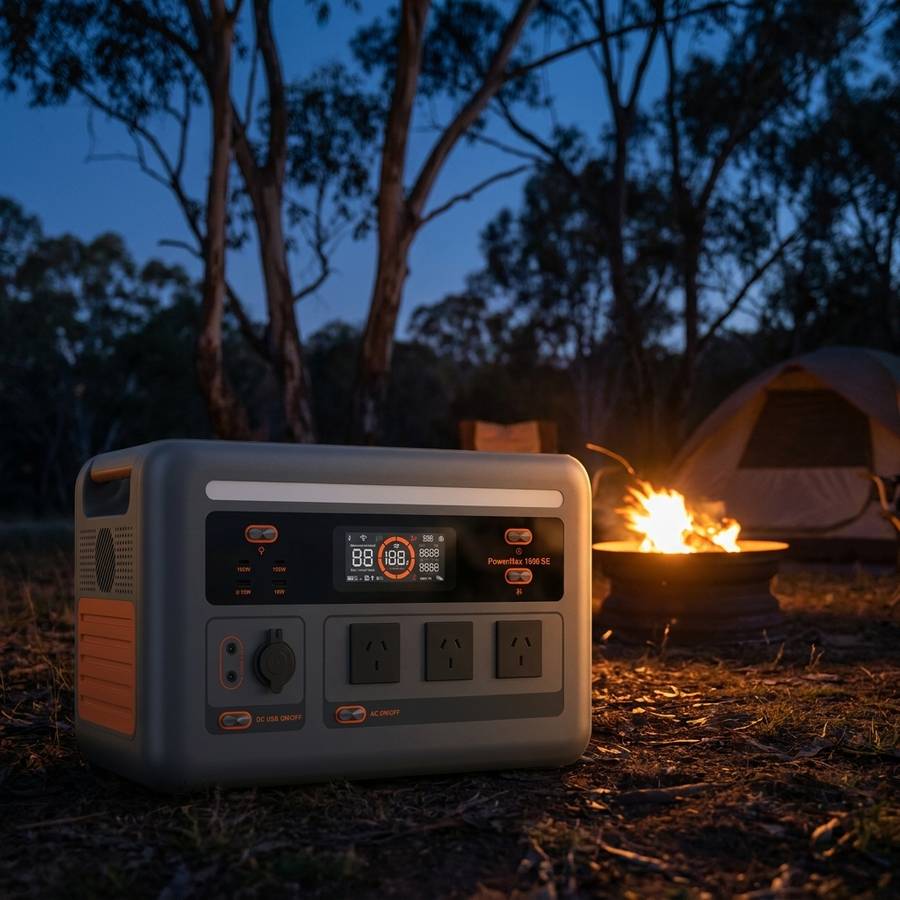 OSCAL PowerMax 1800SE Portable Power Station 1800W - campsite dusk lifestyle