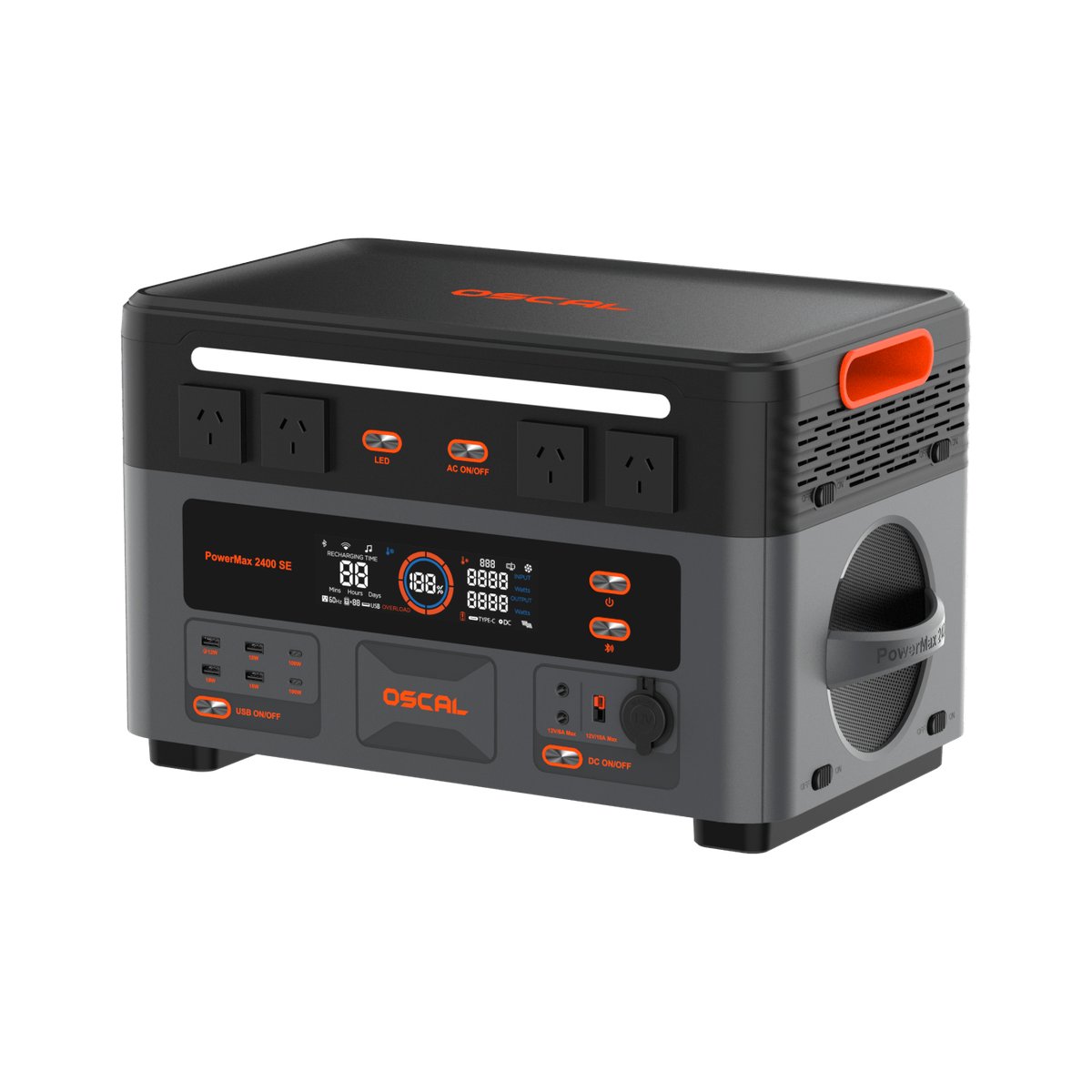Front-left view of the OSCAL PowerMax 2400SE showing the control panel and round side speaker grille