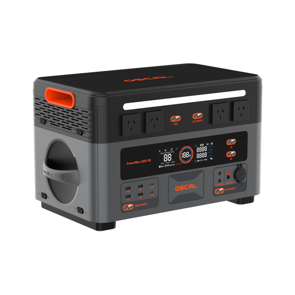 OSCAL PowerMax 2400SE at a three-quarter angle showing the control panel and OSCAL-branded lid