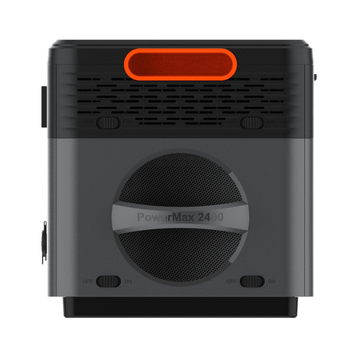 End-on view of the OSCAL PowerMax 2400SE showing the circular speaker and cooling grille