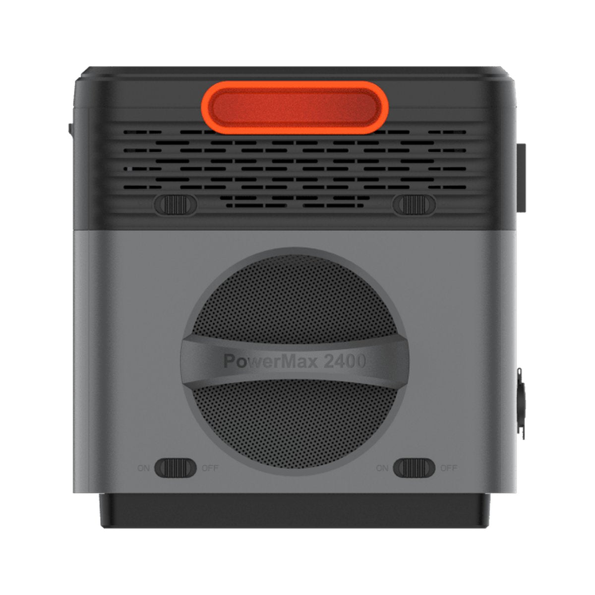 End view of the OSCAL PowerMax 2400SE with the orange top handle and ventilation slots